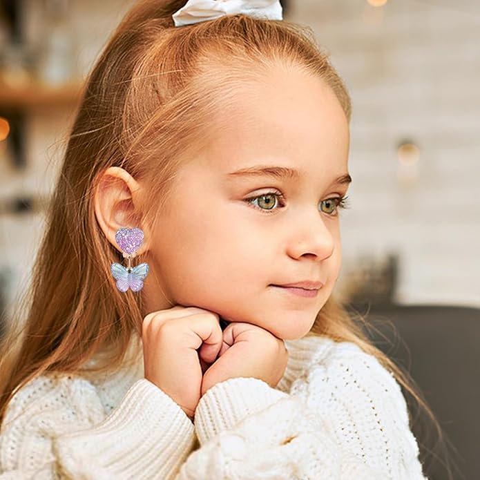 Clip on Earrings for Girls, 16Pcs Kids Clip on Earrings for Little Girls Dangle Stick on Earring Party Favor, Toddler Earring Princess Pretend Play Dress up Jewelry Gifts