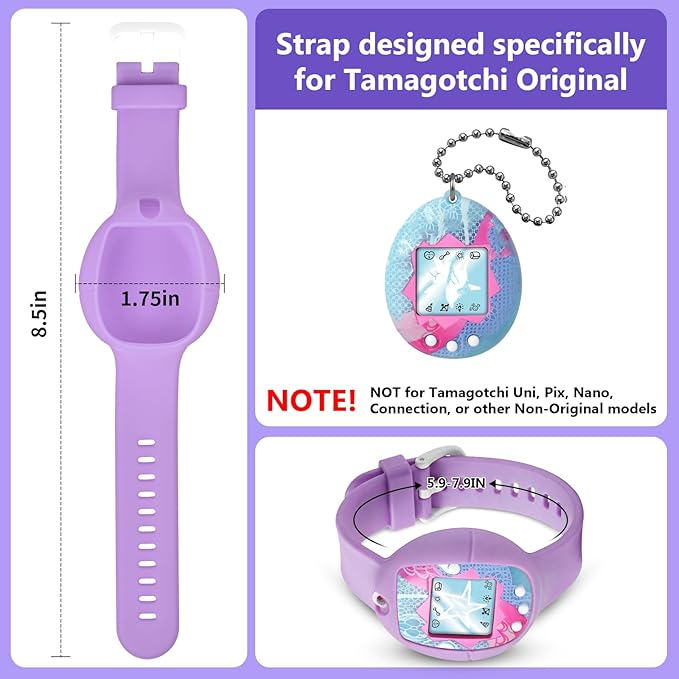 Soft Silicone Wristband for Tamagotchi Original, for Gen 1/2, Neon, Retro Flowers, 90s, Fresh Strawberry, Adjustable Anti-Drop Strap for Kids, Teens, Adults, Parents & 90s Nostalgia Lovers (Purple)