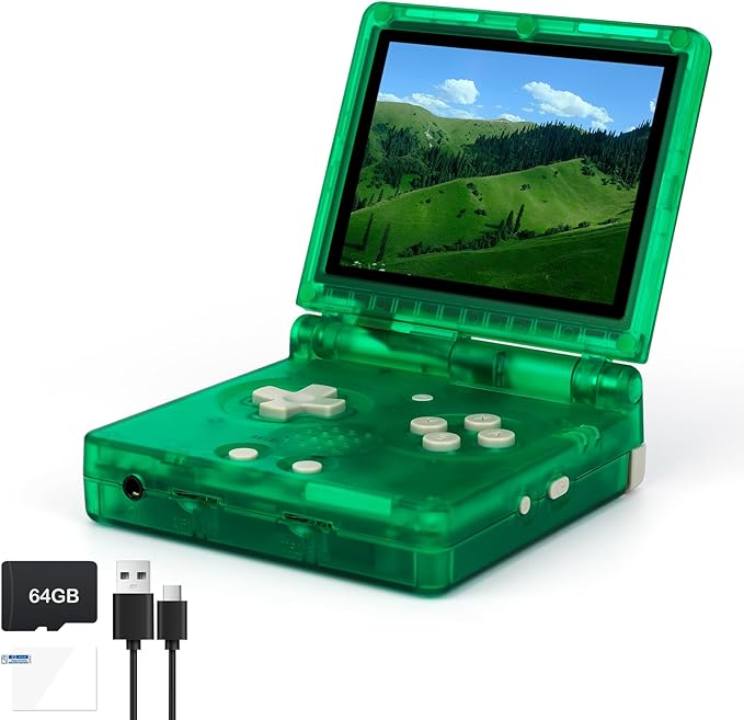 RG35XXSP FILP Retro Handheld Game Console 3.5-inch 640*480 IPS Screen 3300mAh Built-in 64G TF Card Supports Multiple Simulators Linux System with Screen Protector Green