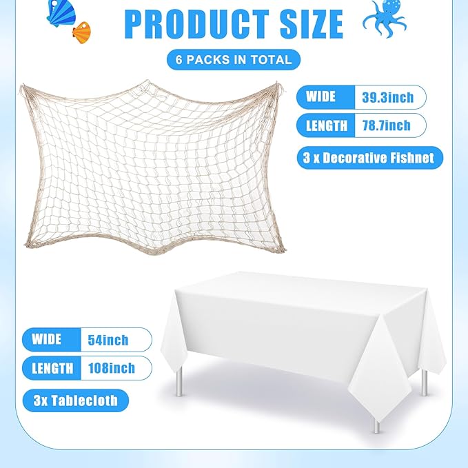 Unittype 6 Pack Fish Net Decorative and Tablecloth Set, Cotton Fishnet and Plastic Table Cover Decorations Set for Nautical Themed Party Baby Shower Pirate Decorations Mermaid Party Supply (White)