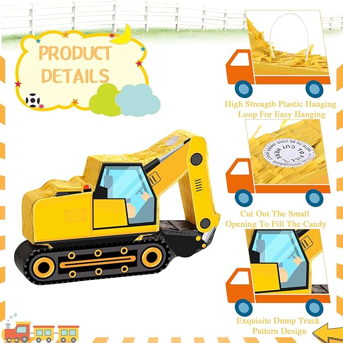 Aoriher Construction Dump Excavator Piñata with Blindfold and Bat Tractor Truck Piñata for Birthday Party Supplies Construction Theme Decor
