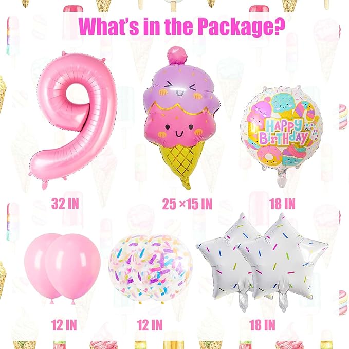 Pink Ice Cream Balloons, Number 9 Balloon, 9th Birthday Decorations for Girls, Ice Cream Balloon for Girls Birthday Party Decoration (9)