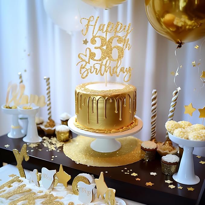 Happy 36th Birthday Cake Topper, 36th Birthday Decorations, Cheers to 36 Years, 36 Happy Birthday Party Supplies Gold Glitter