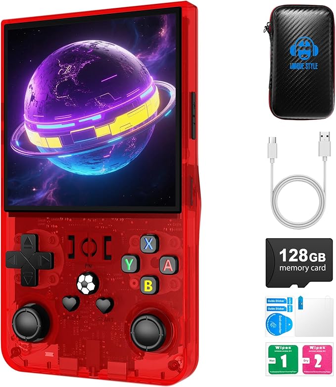 R36MAX Retro Handheld Game Console,128GB Open Source System Support 30+ Emulator Console,4.0 Inch IPS Screen Retro Gaming Console,4000mAh Battery,Portable Video Game Console for Christmas (Red)