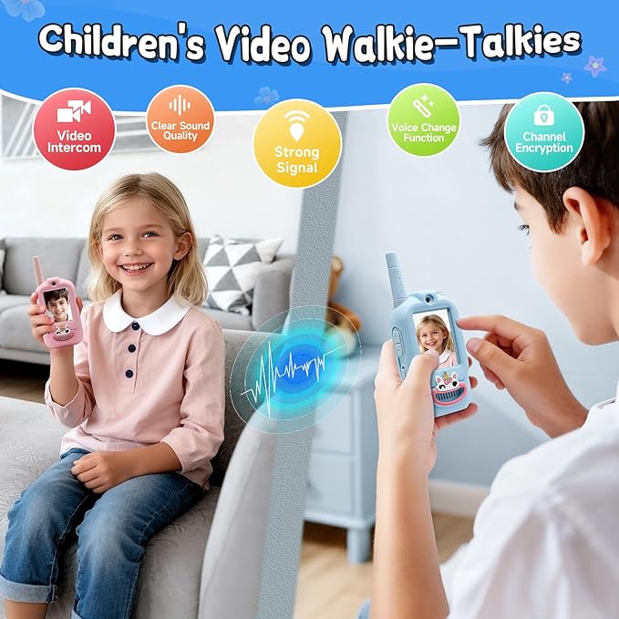 Video Walkie Talkies for Kids, Handheld 2 Pack Rechargeable Video Intercom Kids Walkies Talkies, Indoor Outdoor Toys for Family Games, Outside, Camping, Hiking for Boys Girls Ages 3-12 (New Blue/Pink)