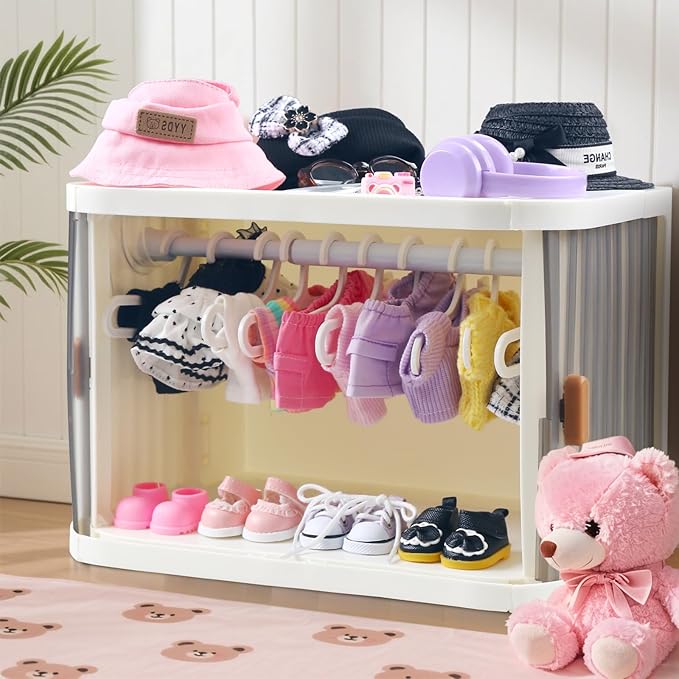 Foldable Doll Wardrobe Closet Storage Box Compatible with Labubu Clothes with 15 Hangers & Rod - Stackable Organizer Cabinet for 15/17cm Doll Clothes with Dust-Resistant Cover and Display Shelf