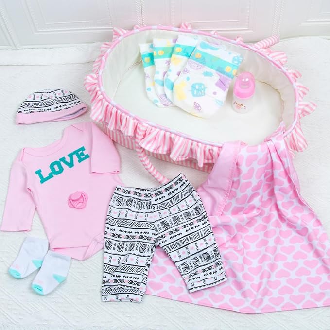 PEDOLLTREE 12 Pcs Reborn Baby Dolls Clothes Girl Outfit Accessories for 17-22 Inch Reborn Doll Newborn Girl with Pink Love Heart Bassinet