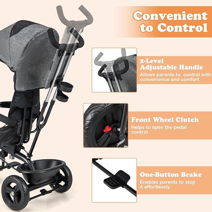 BABY JOY Tricycle, 4 in 1 Toddler Bike w/Removable Canopy, Adjustable Push Handle, Reversible Seat, Safety Belt, Folding Footrest & Storage Basket, Toddler Tricycle for Boys Girls 9-60 Months (Gray)
