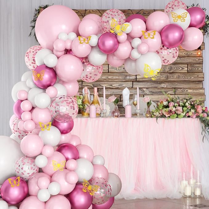 Pink and White Balloon Arch Garland Kit, Pink White Metallic Magenta Confetti Latex Balloons and Butterfly Accessories for Baby Shower Wedding Birthday Anniversary Party Decorations
