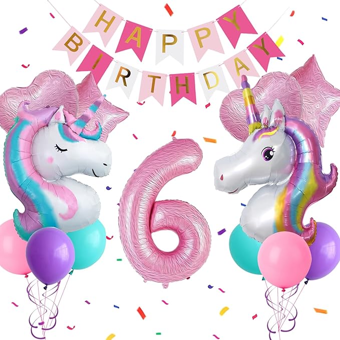 Yancan 6th Unicorn Birthday Decorations for Girls, 6 year old Girl Party Supplies with Happy Birthday Banner, Unicorn Balloons