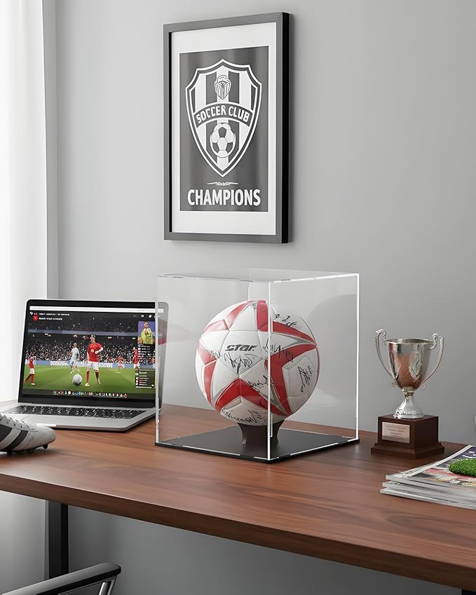 Soccer Ball Display Case,Self-Assembly Acrylic Display Case,Deluxe Dustproof Showcase,Cube Countertop Box for Pop Figures Collectibles,Basketball Volleyball Display Case(10x10x12 inch; 25x25x30cm)