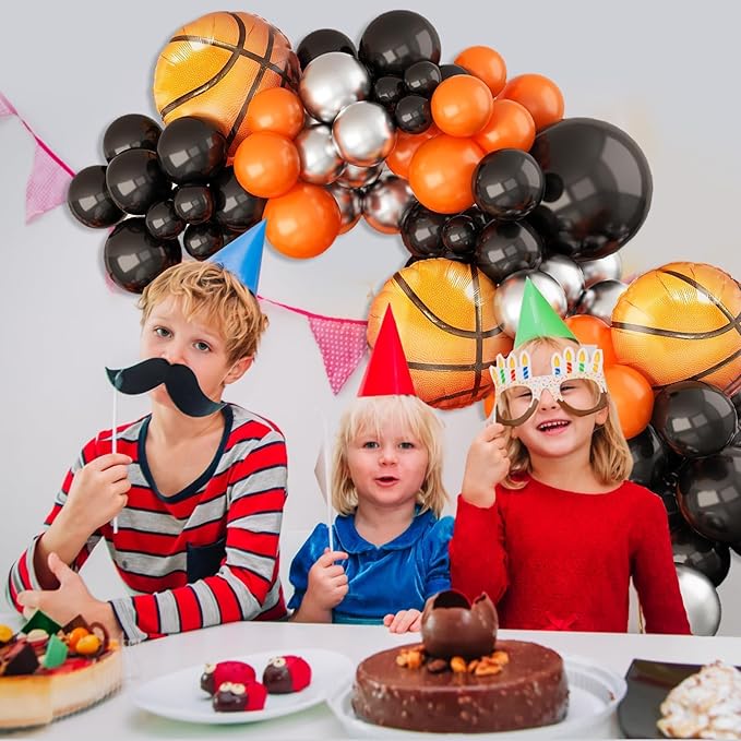 Basketball Balloons Garland Kit – Orange Black Silver Metallic Balloons with Basketball Foil Balloons for Sports Theme Birthday Party Decorations