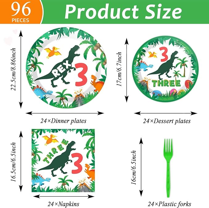 96 Pieces Dinosaur 3rd Birthday Supplies for 3 Rex Birthday Tableware Set 3 T-Rex Dinner Disposable Plates 3 Year Old Party Plates Napkins Forks For Boys Kids Three Dino-Rex Party Favor 24 Guests