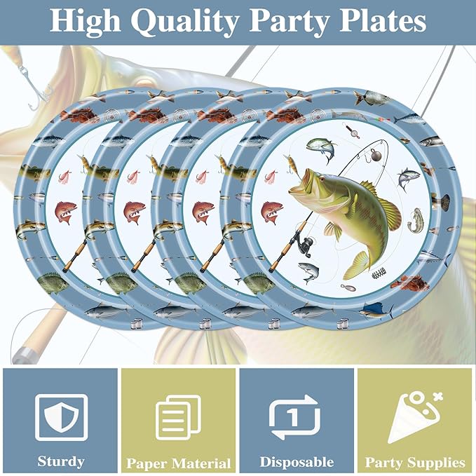 Rakuto Fishing Birthday Party Decorations - 50 Pcs Gone Fishing Plates Napkins Party Decorations, Disposable Fish Themed Tableware Supplies Set for Fish Tournament Birthday Serves 25