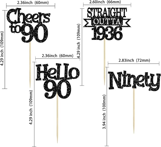 Ephlyn 24Pcs Happy 90th Birthday Cupcake Toppers Glitter Straight Outta 1936 Cupcake Picks Hello 90 Cheers to 90 Years Birthday Cake Decorations for 90th Birthday Anniversary Party Supplies Black