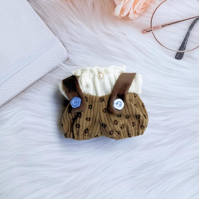 Clothes for Lu bubu 17cm Dolls Accessories(No Doll), Cute Outfit Set 2 Pieces Bib Pants for 17cm Doll Suit, Stylish Dress Up Overalls Doll Clothing Set Replacement Brown