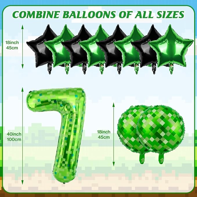 40 Inch Green Pixel Themed Number 7 Balloon Set Foil Balloon for Girls & Boys Birthday Party Decorations, Party Supplies & Favors (Number 7)