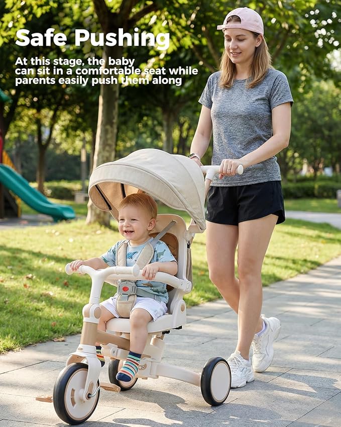 7-in-1 Tricycle for Toddlers 1-3 Years, Foldable Baby Trike Stroller with Steering Push Handle, Gift for Boys Girls 12 Months to 6 Years- Brown