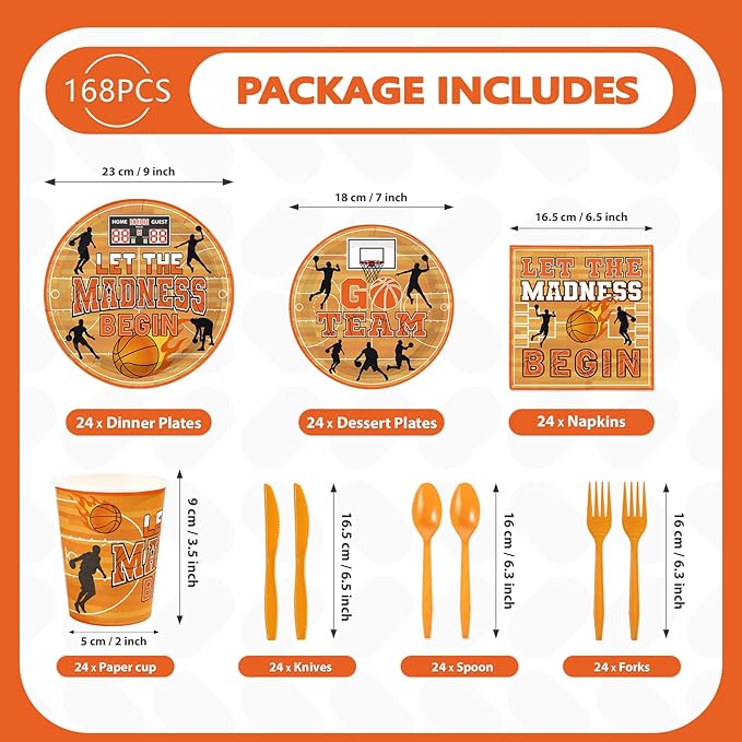 168Pcs Basketball Party Decorations Let The Madness Begin Plates Napkins Cups Forks Knives Spoons March Theme Basketball Sports Tableware for Boys Sports Birthday Party Supplies Serves 24