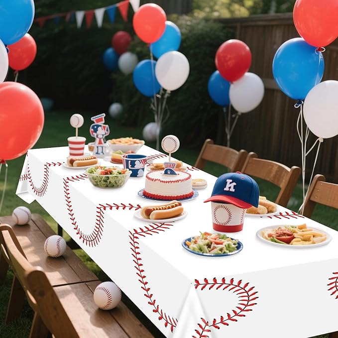 Baseball Tablecloth - White Baseball Tablecloth Plastic Disposable Decorations for Game Day Sports Theme Party Supplies, 4 Pack, 51'' x 86''