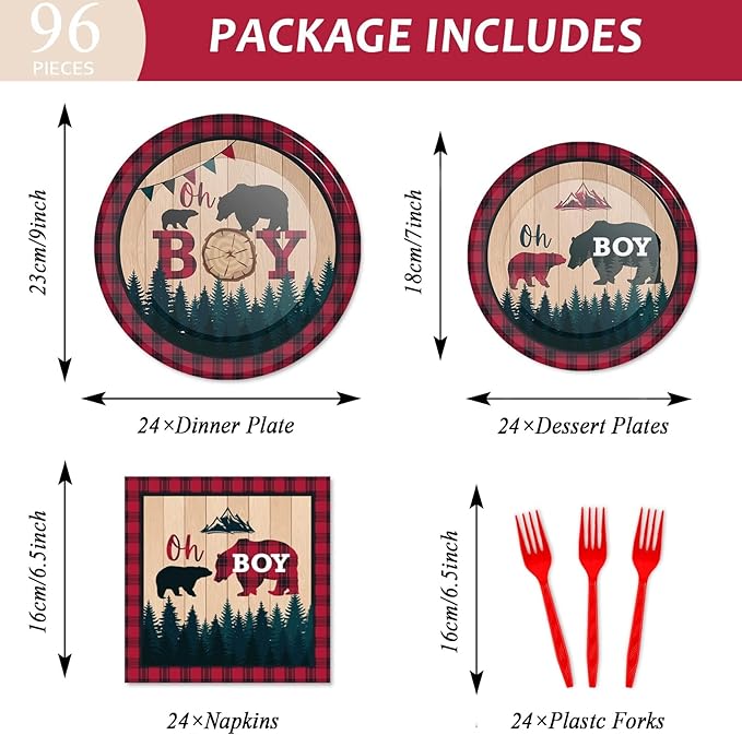 gisgfim 96 Pcs Buffalo Plaid Lumberjack Party Plates and Napkins Party Supplies Boy Red Plaid Party Tableware Set Christmas Decorations Favors for Birthday Baby Shower for 24 Guests