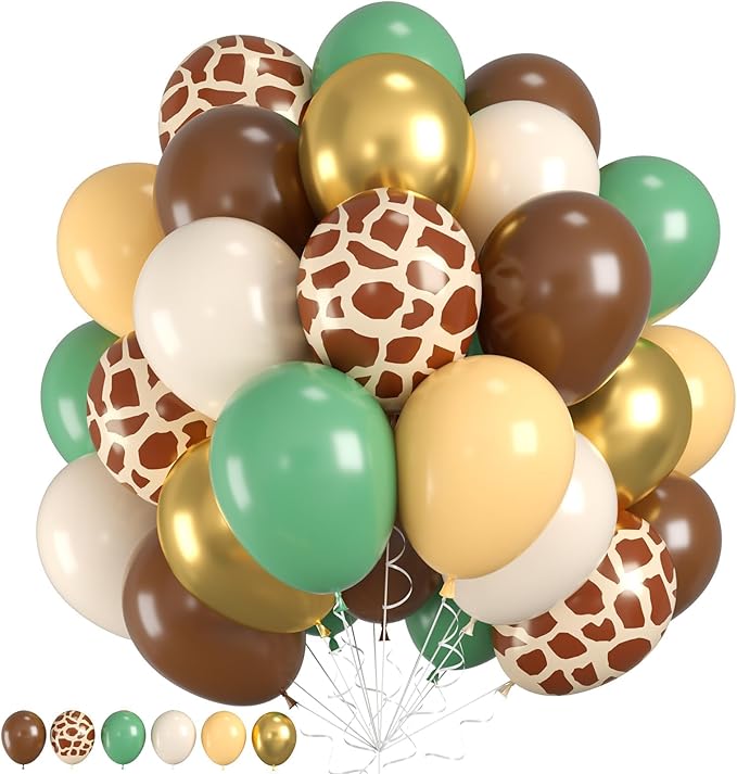 Jungle Balloons, Safari Balloons, Green Brown Balloons with Sage Green Brown Gold Ivory White Giraffe Printed Balloon for Boys Baby Shower Birthday Woodland Party Two Wild Decorations
