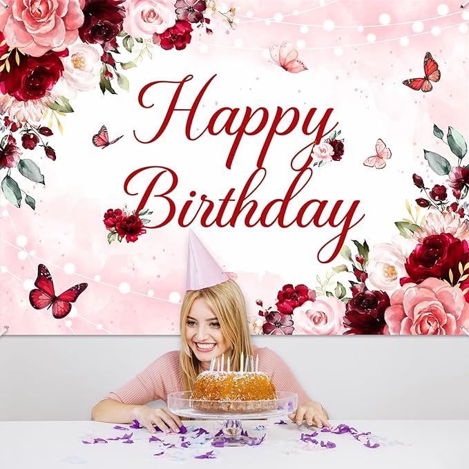 Avezano Floral Happy Birthday Banner for Women Girls Rose Gold Red Floral Birthday Party Decorations for Women Burgundy Flower B-day Party Supplies Banner (7x5ft)