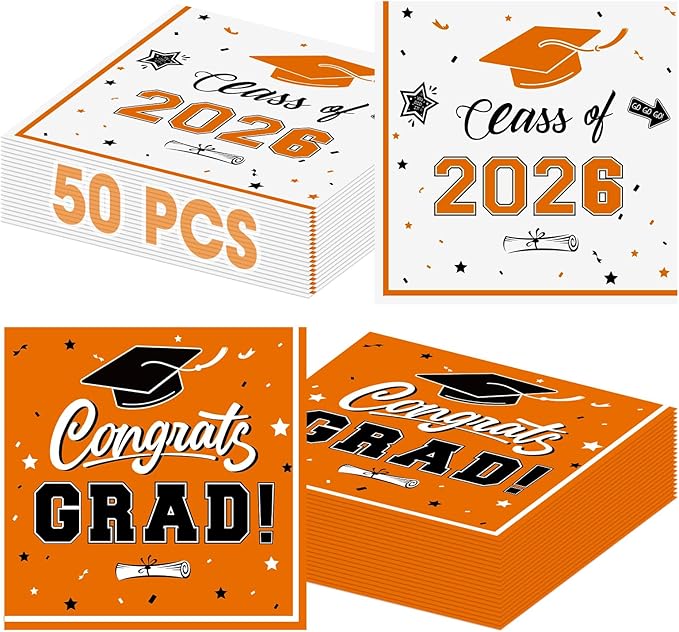 50 Pcs Graduation Napkins Decorations - Orange Class of 2026 Congrats GRAD 3-Ply Paper Cocktail Dinner Napkins Set for 2026 Graduation Party Supplies Table Decor Favors, 6.5 x 6.5 Inch