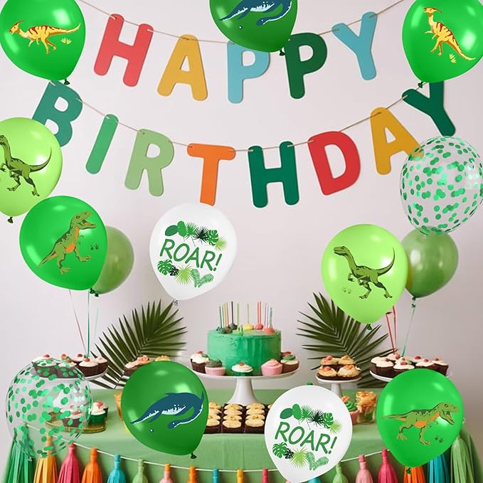 Dinosaur Balloons, 12 Inch Dark Fruit Light Green White Dinosaur Printed Latex Balloons for Boy Dino Birthday Party Decorations Jungle Baby Shower Safari Backdrop