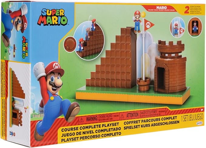 Super Mario Nintendo 2.5" Action Figures Course Complete Playset with Mario Figure, Interactive Stairs, Flagpole, Castle, and Base Platform