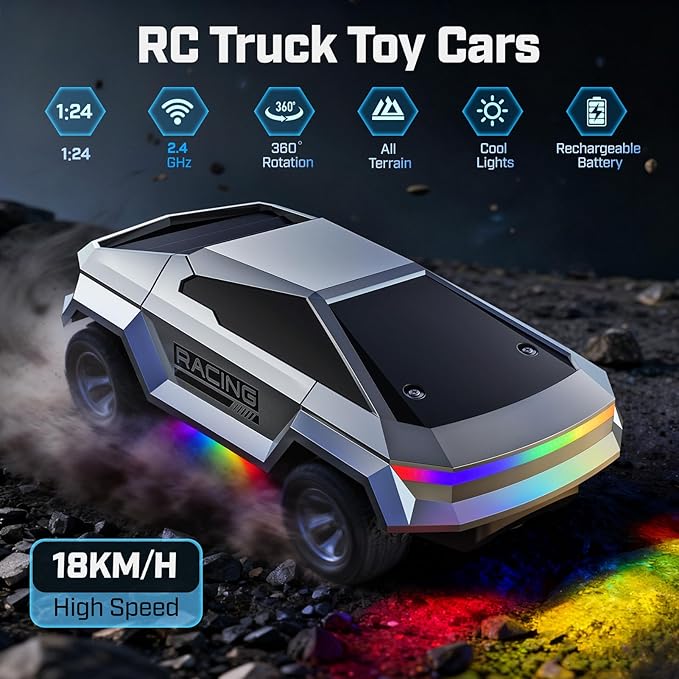 WayEee 1/24 Remote Control Car Cyber RC Truck, RC Cars for Kids with Colorful Lights, 2.4GHz Remote Control, 2 Rechargeable Batteries, 18KM/H Racing Car Toy, for Boys 3 4 5 6 7 8-12