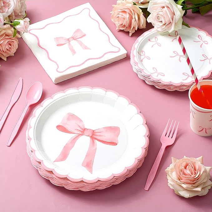 192 Pcs Pink Bow Party Supplies Severs 24 Guests Coquette Birthday Decorations Includes Plates Cups Napkins Tableware Sets for Girl Bachelorette Bridal Engagement