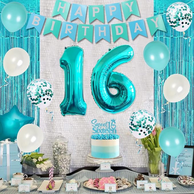 16th Birthday Decorations for Girl Teal - Sweet 16th Birthday Party Supplies Happy Birthday Banner Sweet 16th Sash Cake Topper Turquoise Fringe Curtain Number 16 Balloon for Sixteen Birthday Decor
