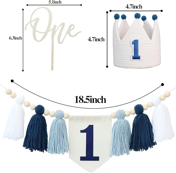 Baby Boy Blue White 1st Birthday Highchair Banner Wood Bead Tassel Garland Crown Hat Wooden Cake Topper Photo Backdrop