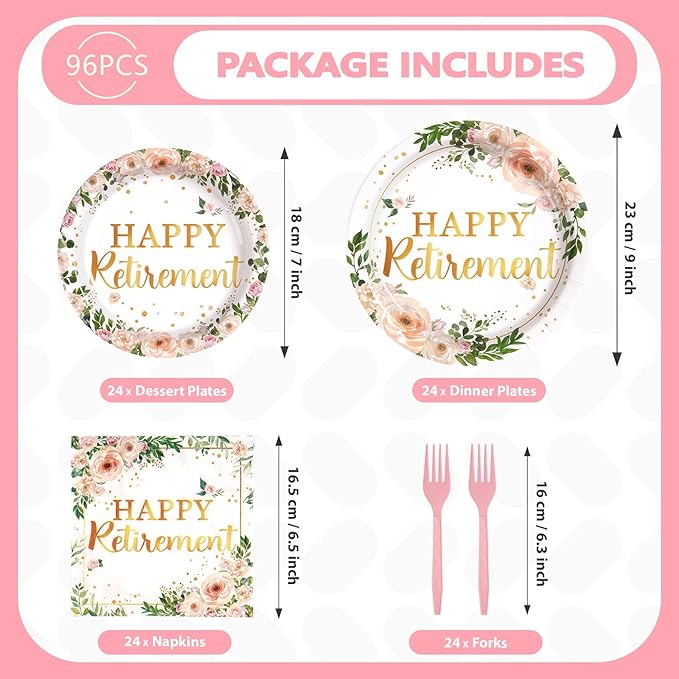 96Pcs Wildflower Retirement Party Decorations for Women Pink Gold Floral Teacher Retirement Plates and Napkins Sets Lady's Retired Decoration Favor for Goodbye Going Away Just Retired Party Serve 24