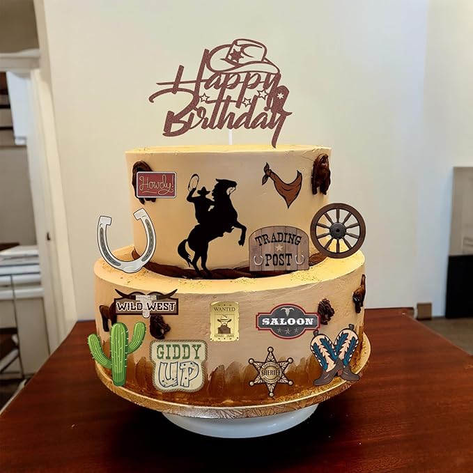 16 Pcs Cowboy Cake Toppers Glitter Cowboy Hat Cake Decorations Western Theme Happy Birthday Party Decoration for Boys Girls , Cowboy Birthday Sign Birthday Decor Party Decor Party Supplies