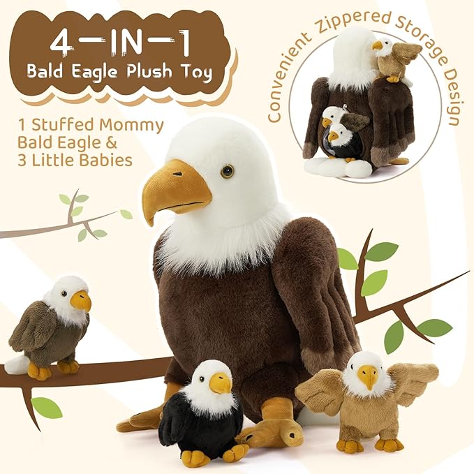 4Pcs Bald Eagle Stuffed Animal, 18 Inch Mommy Eagle Plush with 3 Baby Chicks, Stuffed Bald Eagle Plushie Toy Gifts for Kids
