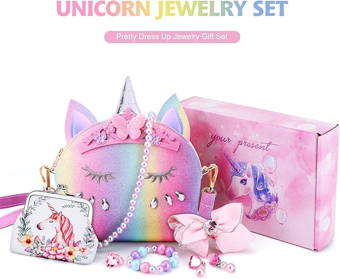 JYPS 7PCS Toddler Purse for Girl, Girls Wallet with Pretend Play Toys, Princess Toys with Kids Dress Up Jewelry Set (Rainbow Crown Unicorn)
