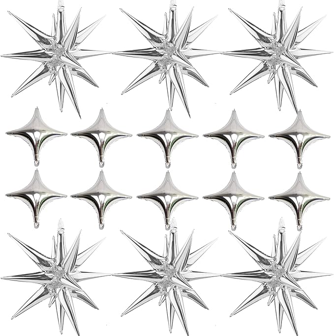 Silver Star Foil Balloons Kit with 6 Pack 12 Point Star Balloons Starburst Cone Balloons Spike Balloons and 10Pcs Four Pointed Star Balloos for Wedding Baby Shower Photo Booth Birthday Party Supplies