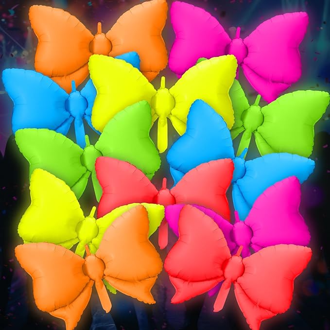 12 Pcs 22 Inches Butterfly Glow in the Dark Neon Balloons Glow Party Supplies Neon Foil Balloons 90 80s Hip Hop for Halloween Christmas Birthday Wedding Anniversary Backdrop Decor