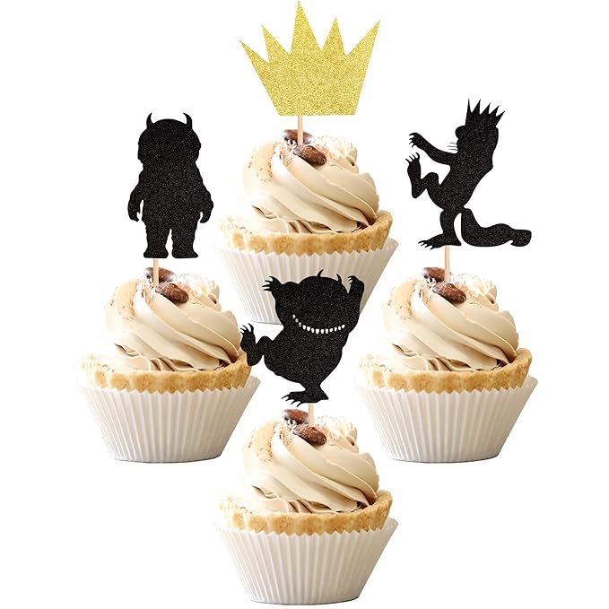 24 PCS Glitter Where The Wild Things Are Inspired Cupcake Toppers Wild one Crown Cupcake Picks Baby Shower Kids Birthday Party Cake Decorations Supplies