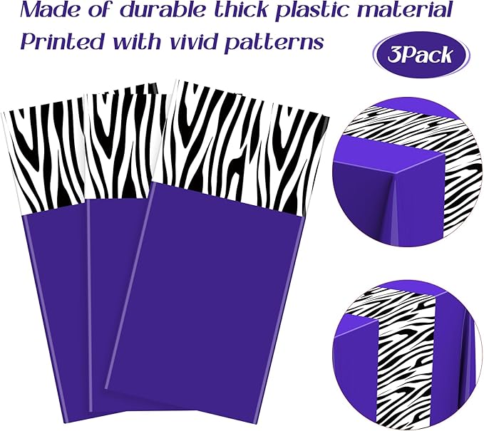 Buryeah 3 Pcs Zebra Tablecloth Zebra Print Plastic Table Cloth Disposable Tablecloth Animal Safari Table Cover 54 x 108'' for Baby Shower Wedding Birthday Party Decorations Supplies (Purple)