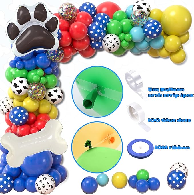 Winrayk 156Pcs Dog Paw Birthday Party Decorations Supplies for Boys Kids Teen, Blue Paw Print Balloon Arch Kit & Backdrop & Tablecloth & Dog Bone Foil Balloons, Puppy Theme Birthday Party Decorations