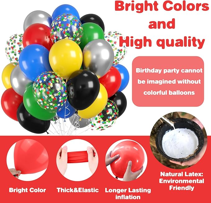 Red Yellow Blue Balloon, Multicolor Balloons with Black Red Blue Yellow Green Silver Balloons and Colorful Confetti Balloon for Birthday, Themed Party Supplies