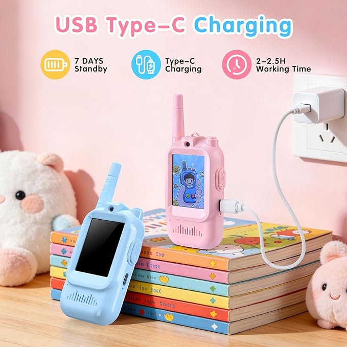 Video walkie-Talkie, 2 Sets of Rechargeable walkie-talkies, Voice Converter, 1000 feet Communication Range, Indoor Entertainment, Camping, Traveling, Birthday Gift (Blue/Pink)