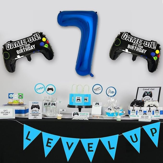 Navy Blue Video Game Party Supplies Boys 7th Birthday Party Decorations- 2 Packs Game On Balloons with Dark Blue Number 7 Balloon
