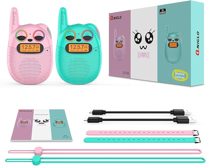 Qniglo Walkie Talkies for Kids Rechargeable 2 Pack, Wrist Watch Walkie Talkies with FM Handheld, Wearable Lanyard for Outdoor Camping Games & Birthday Xmas Toys Gifts for Boys Girls