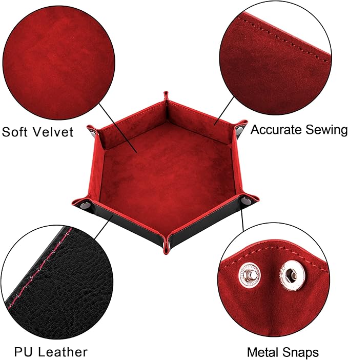 SIQUK 2 Pieces Dice Tray PU Leather Dice Trays Folding Hexagon Dice Holder Tray for Dice Games Like RPG, DND and Other Table Games (Black and Red)