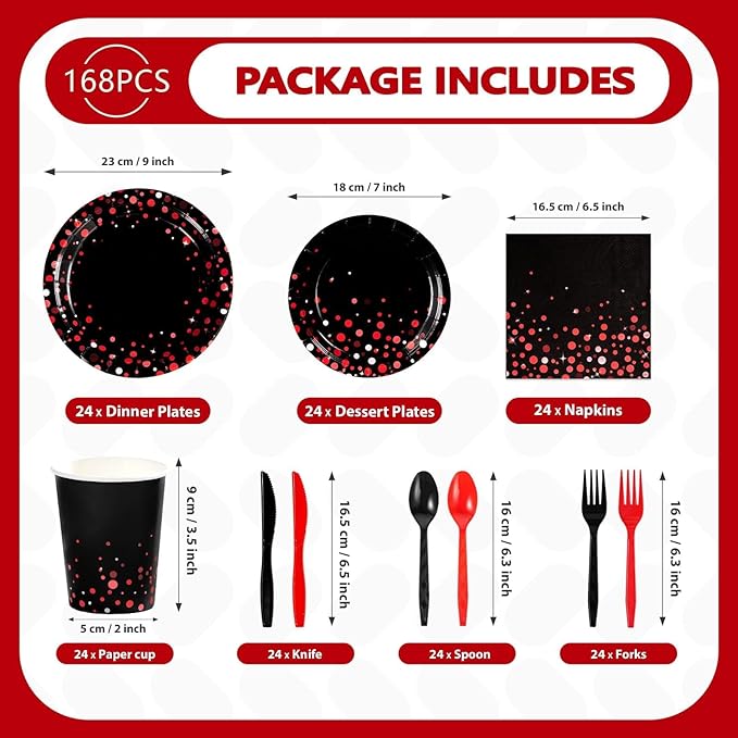 Grencian 168Pcs Black and Red Party Decorations Red Dot on Black Plates Napkins Cups Forks Knives Spoons Disposable Paper Tableware for Birthday Wedding Party Supplies, Serves 24
