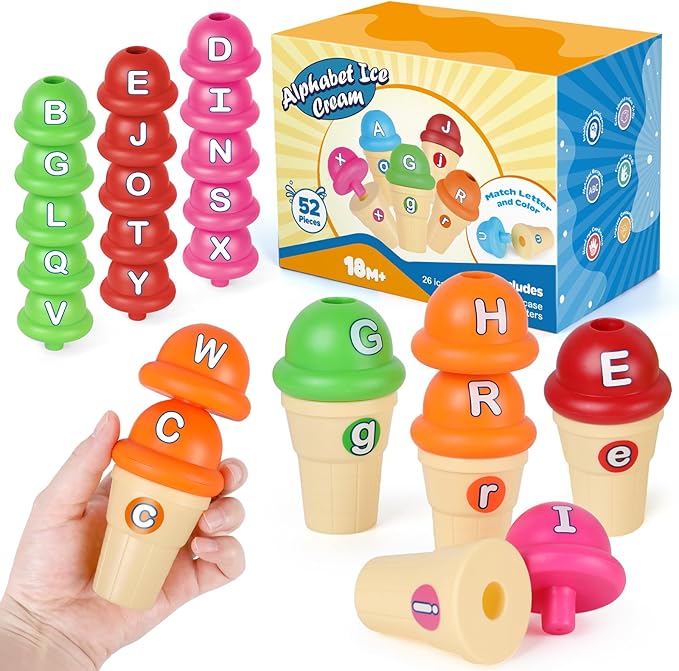 Alphabet Learning Toys,Ice Cream Toys Play Set,ABC Learning for Toddlers Kids,Matching Letter Game,Color Sorting,Montessori Fine Motor Stacking Toys,Kindergarten Preschool Learning Activities